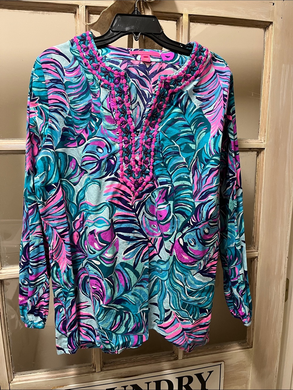 Lilly Pulitzer Teal & Hot Pink Tropical Print Tunic Blouse